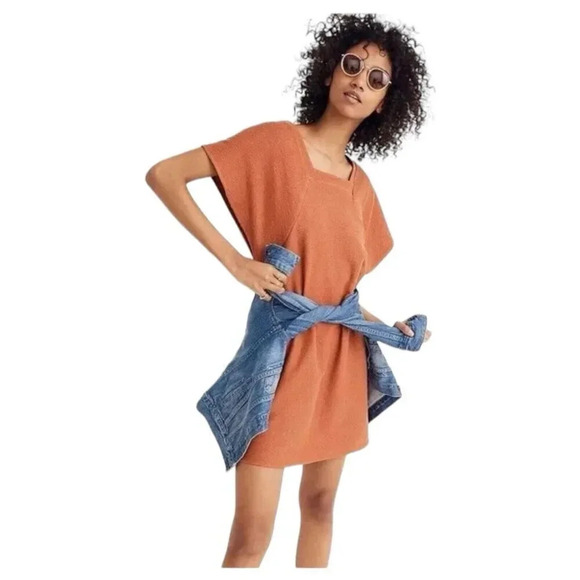 Madewell Texture & Thread Square Neck Short Sleeve Mini Dress Orange Size Small - Picture 1 of 8